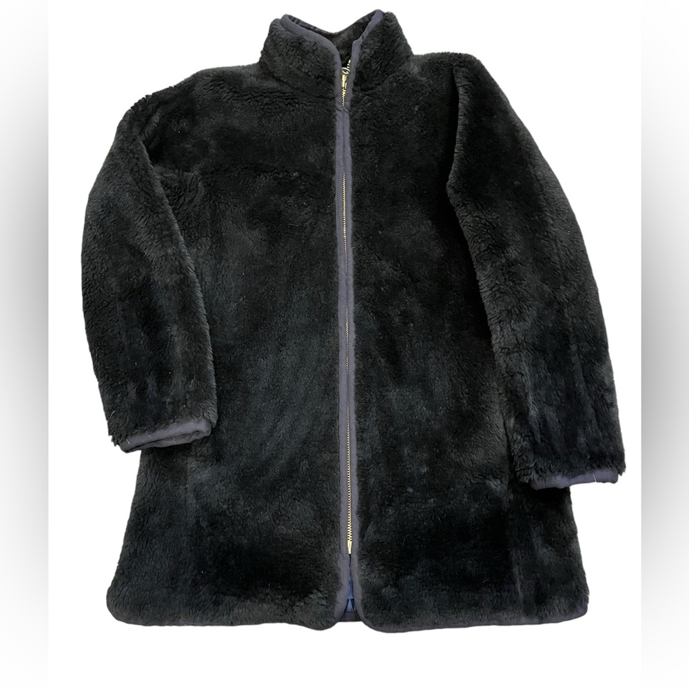 J.Crew black faux fur jacket navy trim size small old money classic funnel neck